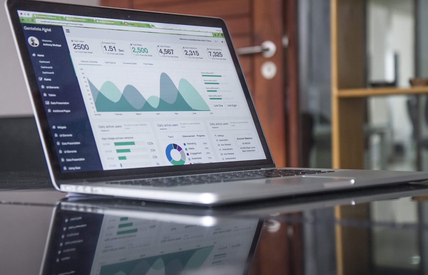 Laptop showing charts on a desk in a small agency office